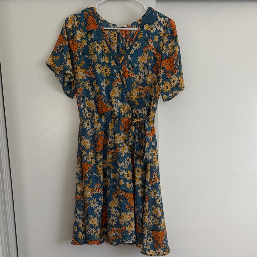 Sienna Sky Teal Floral Wrap Dress with Orange & Cream Flowers